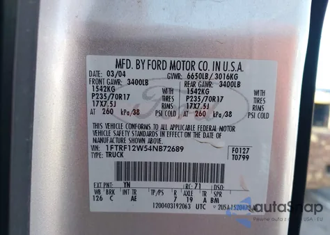 2004 Ford F-150 Stx/Xl/Xlt from USA, damaged, VIN 1FTRF12W54NB72689